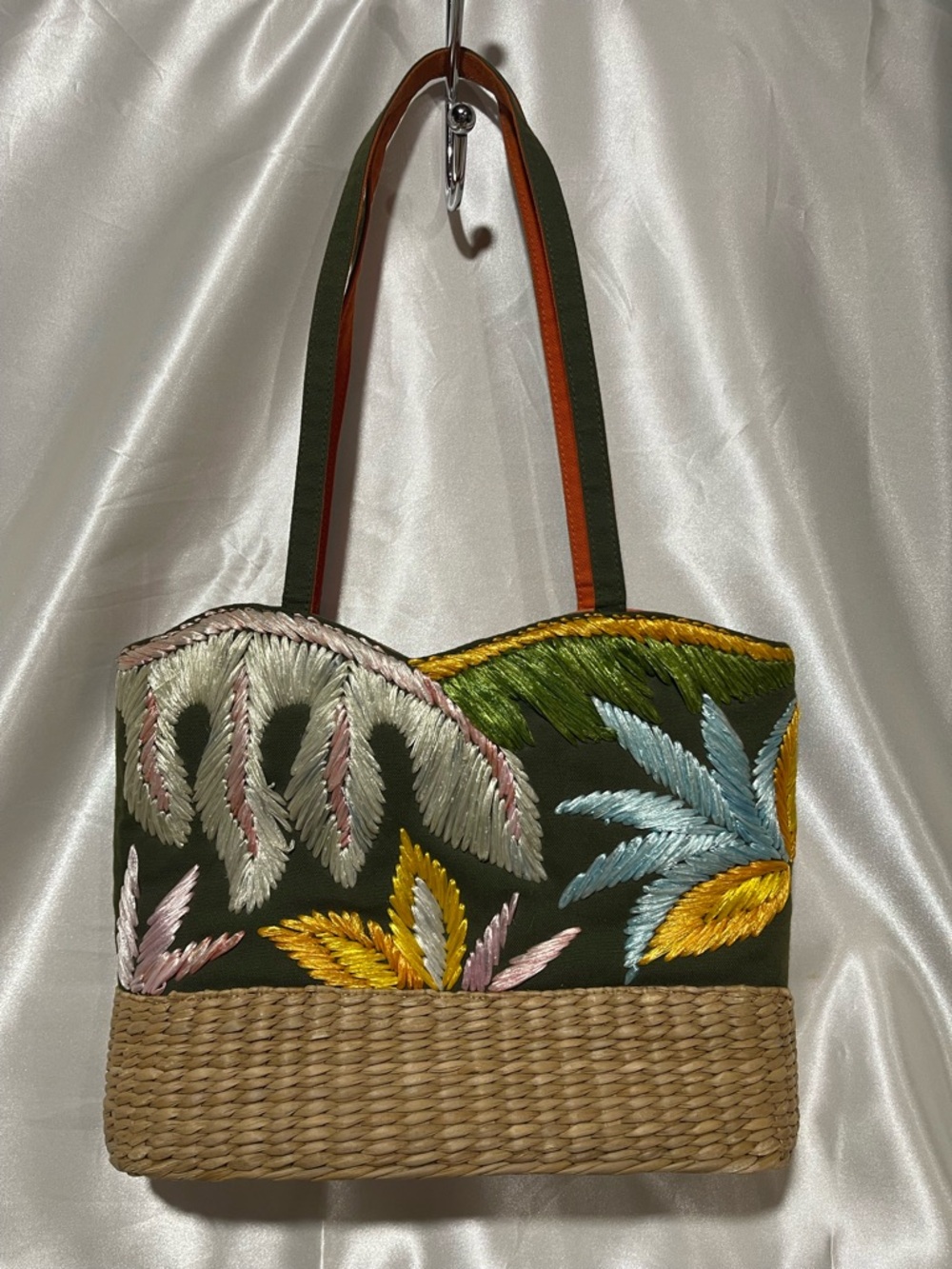 Heavy Silk thread embroidered/Natural Woven Raffia/Artisan Handmade Philippines